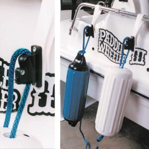 Fenders on boat with branded background