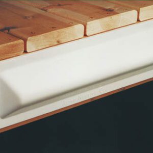 Wooden bench featuring white protective bumper