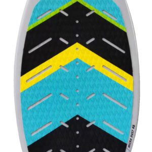 Aqua, yellow, and black surfboard design