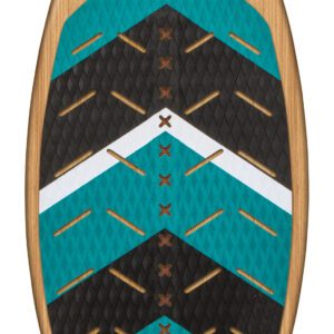 Teal and brown surfboard with stripes