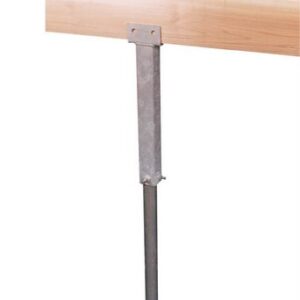 Metal leg supporting wooden tabletop