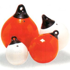 Colorful marine buoys on display