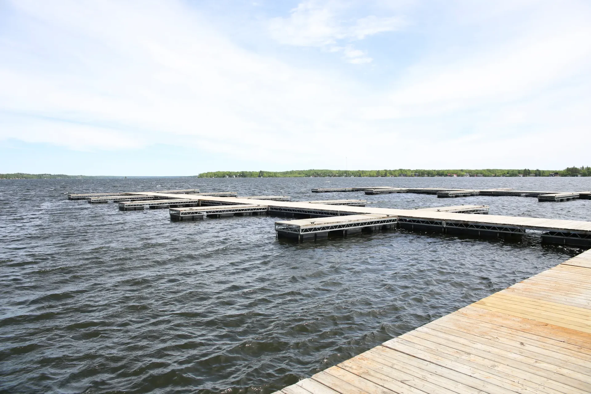 Wooden docks extending into the lake