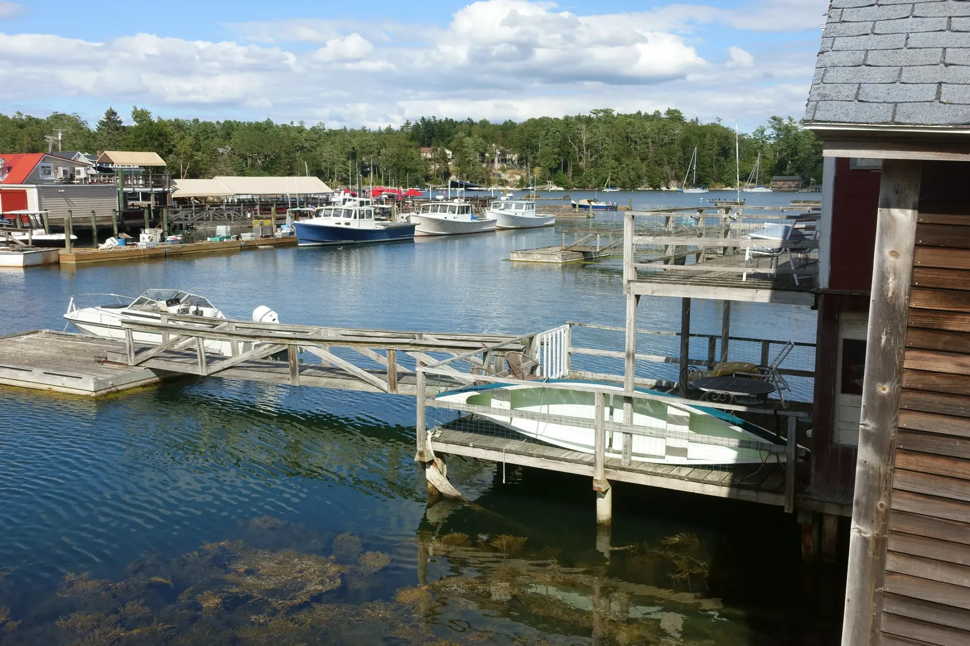 Tranquil harbor scene with docks