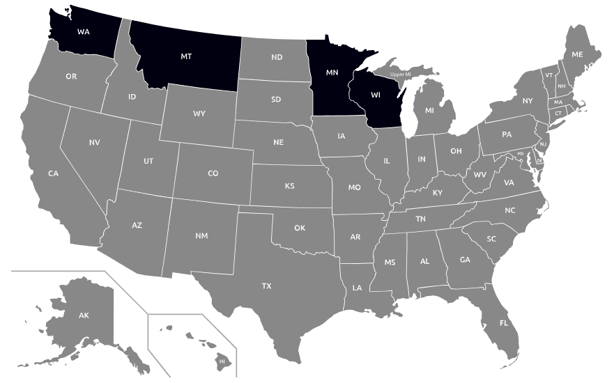 Map highlighting four U.S. states in black