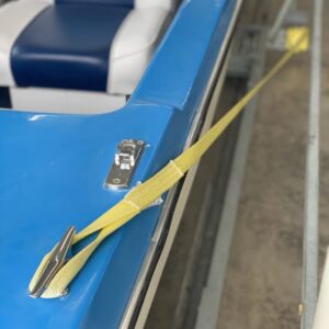 Blue and white boat seat detail