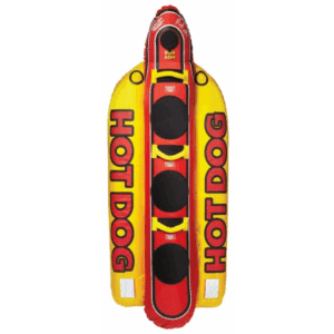 Inflatable banana boat with "Hot Dog" text
