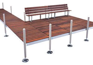 Wooden platform with benches and metal posts