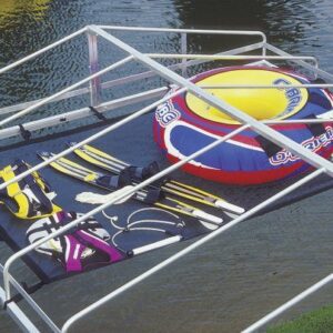 Water sports gear on a metal rack